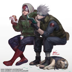 artist_name black_gloves blouse blue_shirt book burger covered_eyes crossover dog drink drinking_straw eating fingerless_gloves food forehead_protector full_body gloves grass hatake_kakashi head_rest headband hood in-hyuk_lee invisible_chair jacket kfc marvel muscular naruto naruto_(series) one_eye_covered open_book pakkun_(naruto) pouch reading realistic sandwich scar scar_across_eye scar_on_face shirt shoes signature silver_hair simple_background sitting sleeping spider-man spider-man_(series) superhero_costume toeless_footwear vest watermark web_address white_background