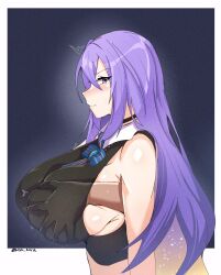 Rule 34 | 1girl, 1other, absurdres, arm at side, artist name, bare shoulders, black choker, black shirt, blonde hair, blue background, blue bow, blue bowtie, border, bow, bowtie, breasts, choker, closed mouth, colored inner hair, commentary, contrast collar, crop top, dark skin, disembodied hand, english commentary, from side, grabbing another&#039;s breast, grabbing from behind, gradient hair, groping, hair between eyes, hand under clothes, highres, hololive, hololive indonesia, huge breasts, long bangs, long hair, moona hoshinova, moona hoshinova (1st costume), multicolored eyes, multicolored hair, myumi, outside border, purple eyes, purple hair, shiny skin, shirt, sideboob, sidelocks, sideways glance, sleeveless, sleeveless shirt, solo focus, starry hair, sweatdrop, twitching, twitter username, two-tone eyes, two-tone hair, very long hair, virtual youtuber, white border, wing collar, yellow eyes