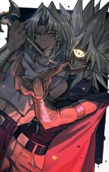 2boys absurdres brown_hair clenched_teeth dark-skinned_male dark_skin earrings evil_smile highres jewelry long_hair male_focus marik_ishtar millennium_rod multiple_boys purple_eyes smile spiked_hair sweat teeth xiao_(creation0528) yami_marik yu-gi-oh! yu-gi-oh!_duel_monsters
