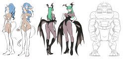 1boy 2girls absurdres anakaris animal_ears blue_hair blunt_bangs breasts cat_ears cat_girl cat_tail claws darkstalkers felicia_(darkstalkers) full_body green_eyes green_hair head_wings highres latex long_hair morrigan_aensland multiple_girls simple_background smile tail voreprank white_background wings