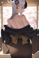 1girl absurdres back bare_shoulders black_hair black_kimono black_nails blue_archive breasts bright_pupils cherry_blossoms cowboy_shot ddog flower from_behind grey_halo hair_flower hair_ornament halo hashtag-only_commentary highres indoors japanese_clothes kayoko_(blue_archive) kayoko_(new_year)_(blue_archive) kimono looking_at_viewer looking_back multicolored_hair obi purple_flower red_eyes sash shiny_skin sideboob solo standing two-tone_hair white_hair white_pupils