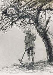 1boy aged_down arm_at_side bad_id bad_pixiv_id bare_tree child facing_away from_behind greyscale hand_up heel_pop highres hoe holding kimetsu_no_yaiba male_focus monochrome outstretched_arm sandals shinazugawa_sanemi short_hair sketch sleeves_rolled_up solo standing sunao_(pixiv46678627) tree under_tree walking wide_sleeves zouri