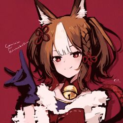 1girl absurdres animal_ear_fluff animal_ears bell black_gloves brown_hair colored_bangs commentary commission commissioner_name dated english_commentary fox_ears fox_girl fox_shadow_puppet fur-trimmed_jacket fur_trim gloves hairstyle_request highres jacket neck_bell portrait red_background red_eyes red_jacket rnna sekka_(shadowverse) shadowverse signature simple_background smile solo white_hair