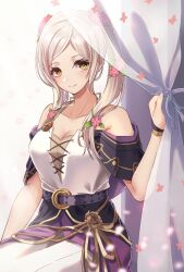 1girl absurdres arm_at_side armpit_crease artist_name bare_arms bare_shoulders bracelet breasts brown_eyes capelet cleavage collarbone dress female_focus female_robin_(fire_emblem) female_robin_(valentine)_(fire_emblem) fingernails fire_emblem fire_emblem_awakening fire_emblem_heroes flower flower_bracelet hair_flower hair_ornament halterneck hand_up happy highres curtain_grab intelligent_systems jewelry long_dress long_hair looking_at_viewer medium_breasts neck nintendo off_shoulder official_alternate_costume reia_hana rope_belt sidelocks sitting sleeveless sleeveless_dress smile spaghetti_strap swept_bangs twintails white_hair