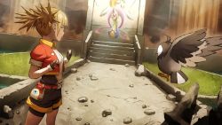 1girl belt belt_buckle bike_shorts bike_shorts_under_shorts blonde_hair blunt_bangs buckle clenched_hands closed_mouth commentary_request cresselia cropped_jacket fagi_(kakikaki) fingerless_gloves gen_4_pokemon gloves grass hands_up kate_(pokemon) legendary_pokemon nintendo pokemon pokemon_(creature) pokemon_ranger pokemon_ranger_2 pouch red_belt rock shirt short_hair short_sleeves short_twintails shorts small_hands stairs standing starly twintails