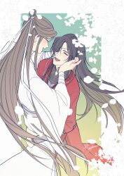 2boys absurdres bandaged_arm bandaged_neck bandages bishounen black_hair blush braid brown_hair butterfly_necklace carrying carrying_person cherry_blossoms chinese_clothes closed_eyes eyepatch falling_petals flower hair_bun hair_ribbon hands_on_another&#039;s_face hanfu highres hua_cheng jewelry long_hair long_sleeves male_focus multiple_boys necklace one_eye_covered open_mouth petals red_hanfu ribbon robe side_braid signature single_braid single_hair_bun smile tianguan_cifu tsubame-shi_(tubame) twitter_username very_long_hair white_flower white_hanfu white_petals white_ribbon wide_sleeves xie_lian yaoi