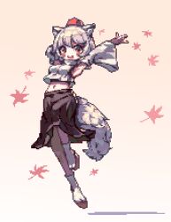 Rule 34 | 1girl, :d, animal ears, armpits, arms up, black skirt, brown background, brown sandals, cropped shirt, dasa (bearisalive), detached sleeves, full body, hat, inubashiri momiji, jumping, leaf, looking at viewer, maple leaf, midriff, navel, open mouth, pixel art, red eyes, red hat, sandals, shirt, short hair, skirt, sleeveless, sleeveless shirt, smile, socks, solo, tail, tokin hat, touhou, white hair, white shirt, white sleeves, white socks, wolf ears, wolf girl, wolf tail