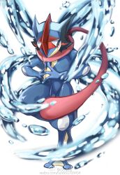 ash-greninja bright_pupils closed_mouth full_body gen_6_pokemon greninja highres jiuri_jiuhao kuji-in nintendo pokemon pokemon_(creature) red_eyes simple_background solo standing standing_on_one_leg water_drop weibo_username white_background white_pupils