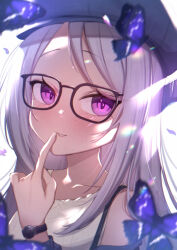 1girl animal backlighting bare_shoulders black-framed_eyewear blue_archive blue_hat blue_jacket blurry blurry_foreground blush bug butterfly commentary_request depth_of_field dress finger_to_mouth glasses hand_up hat highres hina_(blue_archive) insect jacket long_sleeves looking_at_viewer newsboy_cap off_shoulder parted_lips petals puffy_long_sleeves puffy_sleeves sleeveless sleeveless_dress smile solo uneg watch white_background white_dress wristwatch