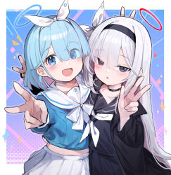 Rule 34 | 2girls, arona (blue archive), black choker, black eyes, black hairband, black sailor collar, black serafuku, black skirt, blue archive, blue eyes, blue hair, blue halo, blush, braid, choker, colored inner hair, eyes visible through hair, grey hair, hair over one eye, hairband, halo, highres, long hair, long sleeves, looking at viewer, multicolored hair, multiple girls, neckerchief, open mouth, parted lips, pink hair, plana (blue archive), pleated skirt, red halo, revision, sailor collar, school uniform, serafuku, short hair, single braid, skirt, smile, somray, v, white choker, white neckerchief, white sailor collar, white skirt