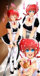 1girl absurdres alternate_universe apron ass barefoot blue_eyes braid breasts chopsticks cleavage dress feeding floor food full_body heart highres holding holding_food large_breasts lips lipstick looking_at_another looking_at_viewer maid maid_apron maid_headdress makeup multiple_views musical_note nail_polish necktie omiiverse open_mouth ranma-chan ranma_1/2 red_hair shiny_skin single_braid smile standing tempura thighhighs thighs translation_request upper_body vacuum_cleaner wide_hips wrist_cuffs zettai_ryouiki
