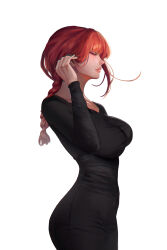 Rule 34 | 1girl, black dress, braid, breasts, chainsaw man, closed eyes, closed mouth, dress, hand up, highres, large breasts, long hair, makima (chainsaw man), nervi fd, simple background, single braid, solo, tight clothes, tight dress, white background