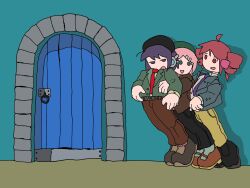 Rule 34 | 3girls, ahoge, alternate costume, belt, beret, black belt, black footwear, black pants, brown footwear, brown jacket, brown pants, crossdressing, door, drill hair, formal clothes, from side, front-to-back, full body, green eyes, green jacket, grey jacket, hair ornament, hairclip, hat, headphones, highres, hug, hug from behind, jacket, jitome, kasane teto, long sleeves, looking at another, looking at viewer, looking back, looking to the side, mary janes, momone momo, multiple girls, necktie, nippachi (hg 0603), pants, parody request, pink hair, purple eyes, purple hair, purple necktie, red hair, red necktie, robot ears, shadow, shirt, shoes, short hair, smile, standing, suit, swept bangs, tiptoes, twin drills, utane uta, utau, white shirt, yellow pants