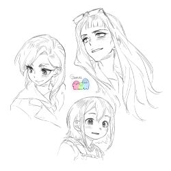 3girls artist_name asakusa_midori asymmetrical_bangs blush commentary crosshatching eizouken_ni_wa_te_wo_dasu_na! eyewear_on_head freckles goblet_42 hatching_(texture) highres kanamori_sayaka lineart long_hair mizusaki_tsubame multiple_girls school_uniform shibahama_high_school_uniform short_hair white_background