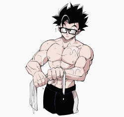 1boy abs biceps black_hair dragon_ball dragon_ball_super dragon_ball_super_super_hero glasses looking_at_viewer muscular muscular_male nipples pectorals solo son_gohan water wet wet_towel white_background