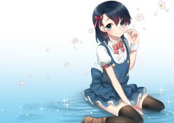 Rule 34 | 1boy, akagi kurage, black thighhighs, blue eyes, blue hair, blush, boots, bow, brown boots, crossdressing, crossdressing (mtf), dress, highres, looking at viewer, male focus, puffy short sleeves, puffy sleeves, sakura, short hair, short sleeves, sitting, solo, thighhighs, trap
