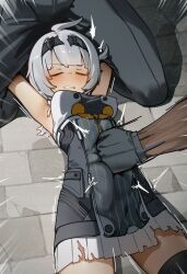 1girl 2boys ahoge anby_demara anby_demara_(silver_soldier) arms_up artist_name black_gloves black_thighhighs breasts closed_eyes commentary covered_erect_nipples covered_navel english_commentary gloves grey_hair highres kani_fish lying medium_breasts motion_lines multiple_boys official_alternate_costume on_back on_floor open_mouth punching restrained ryona short_hair single_thighhigh skirt stomach_punch thighhighs torn_clothes torn_skirt white_skirt zenless_zone_zero