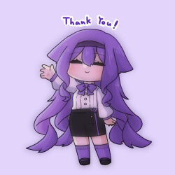 1girl black_hairband black_shoes black_skirt blush bow chibi closed_eyes closed_mouth facing_viewer full_body hair_between_eyes hairband highres honkai_(series) honkai_impact_3rd long_hair long_sleeves mokkyo_(motkyo) outstretched_arm pencil_skirt puffy_long_sleeves puffy_sleeves purple_background purple_bow purple_hair purple_socks shirt shoes simple_background sirin skirt smile socks solo standing thank_you very_long_hair white_shirt