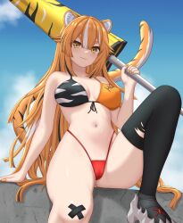 Rule 34 | 1girl, absurdres, animal ears, arm support, asymmetrical legwear, bandage on knee, bare shoulders, beach umbrella, bikini, black hair, black thighhighs, breasts, cloud, cloudy sky, concrete wall, day, front-tie bikini top, front-tie top, gluteal fold, halterneck, highleg, highleg bikini, highres, holding, holding umbrella, indie virtual youtuber, large breasts, leg up, long hair, looking at viewer, micro bikini, multicolored hair, nail polish, navel, orange eyes, orange hair, original, outdoors, shoes, single thighhigh, sitting on wall, sky, smile, solo, spread legs, streaked hair, swimsuit, tail, tenko (winged assessin), thick eyebrows, thighhighs, tiger ears, tiger girl, tiger tail, torn clothes, torn thighhighs, umbrella, virtual youtuber, white hair