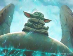 1boy alien anthonyfoti closed_eyes colored_skin english_text green_skin grogu highres meditation pointy_ears signature sitting solo star_wars the_mandalorian