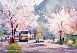 apartment building cherry_blossoms day landscape motor_vehicle nara_watercolor original painting_(medium) people shadow sunlight town traditional_media van watercolor_(medium)