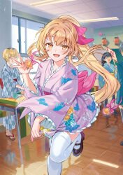3girls :d ^_^ absurdres aisare_tenshi_na_classmate_ga_ore_ni_dake_itazura_ni_hohoemu animal_print black_hair blazer blonde_hair blue_jacket blue_kimono bow braid braided_ponytail butterfly_print chalkboard classroom closed_eyes d: floating_hair frilled_sleeves frills hair_bow highres holding indoors jacket japanese_clothes kimono kimono_skirt leg_up loafers long_hair long_sleeves looking_at_viewer multicolored_hair multiple_girls open_mouth pink_kimono ponytail red_bow school_uniform shoes short_hair single_braid smile solo_focus tan_(tangent) textless_version thighhighs two-tone_hair very_long_hair white_thighhighs yellow_eyes zettai_ryouiki