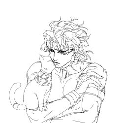 Rule 34 | 1boy, animal, ashva, cat, dio brando, ear birthmark, earrings, headband, highres, jewelry, jojo no kimyou na bouken, monochrome, sketch, stardust crusaders, vampire, white background
