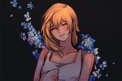 1girl bare_arms black_background blonde_hair blue_flower breasts dress closed_eyes facing_viewer floral_background flower hair_between_eyes hair_over_shoulder hand_on_own_chest kingdom_hearts kingdom_hearts_ii medium_breasts medium_hair namine sera_(serappi) sleeveless sleeveless_dress smile solo upper_body white_dress