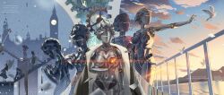 Rule 34 | 1girl, absurdres, bird, black coat, blue sky, breasts, building, chinese text, cloud, coat, coat on shoulders, english text, gears, highres, humanoid robot, joints, key, lanyard, looking to the side, lucy (reverse:1999), luojia ying, medium breasts, metal hair, metal skin, mountain, multiple views, navel, outstretched arm, people, railing, reverse:1999, robot, robot girl, robot joints, sky, upper body