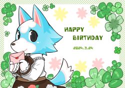 1girl animal_crossing black_eyes bow brown_bow brown_skirt closed_mouth clover commentary_request dated english_text envelope furry furry_female happy_birthday haretaka heart highres holding holding_envelope looking_at_viewer nintendo shamrock shirt skirt skye_(animal_crossing) smile white_shirt wolf_girl