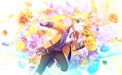 Rule 34 | 1boy, ;d, black pants, black shoes, blonde hair, blue gemstone, collared shirt, colorful palette, flower, game cg, gem, green eyes, grin, highres, holding, holding flower, jacket, kagamine len, male focus, official art, one eye closed, open mouth, orange jacket, pansy, pants, project sekai, purple brooch, purple vest, shirt, shoelaces, shoes, smile, solo, spiked hair, teeth, third-party source, vest, vocaloid, white shirt, yellow flower, yellow pansy