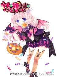 Rule 34 | 1girl, bat wings, black dress, black hairband, black shoes, blue eyes, blunt bangs, candy, dress, drill hair, food, gloves, hairband, hina lulu, holding, long hair, moriyama shijimi, orange thighhighs, pink hair, pumpkin, purple gloves, shoes, side drill, thighhighs, uchi no hime-sama ga ichiban kawaii, wings