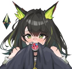 1girl ahoge arknights bare_shoulders black_hair black_jacket blush colored_inner_hair covered_mouth covering_own_mouth crystal embarrassed emoji green_eyes green_hair hair_between_eyes highres holding huge_ahoge jacket looking_at_viewer material_growth medium_hair mon3tr_(arknights) multicolored_hair off_shoulder oripathy_lesion_(arknights) radioneet sleeves_past_fingers sleeves_past_wrists solo
