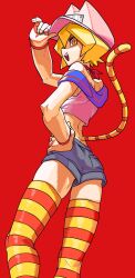 1girl arm_up bare_shoulders blonde_hair bone_nigi cat_girl cat_tail catty_(bone_nigi) feet_out_of_frame hat highres looking_at_viewer midriff neck_ribbon open_mouth orange_eyes original red_background ribbon short_shorts shorts slit_pupils solo striped_clothes striped_tail striped_thighhighs tail thighhighs