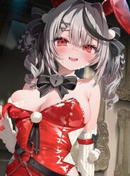 1girl animal_ears bare_shoulders belt black_bow black_bowtie black_hair black_ribbon blush bow bowtie braid braided_hair_rings breasts commentary curly_hair detached_collar detached_sleeves fang fingernails grey_hair hair_intakes hair_ornament hair_ribbon hair_rings hairclip heart-shaped_lock hololive large_breasts leotard looking_at_viewer multicolored_hair nail_polish namagome_negi o-ring o-ring_belt open_mouth picture_frame pom_pom_(clothes) rabbit_ears red_eyes red_leotard red_nails ribbed_leotard ribbed_sleeves ribbon sakamata_chloe smile solo streaked_hair sweat symbol-only_commentary twintails virtual_youtuber white_sleeves
