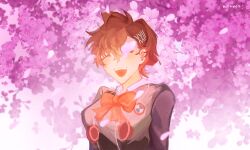 absurdres black_shirt bow bowtie brown_hair cherry_blossoms closed_eyes gekkoukan_high_school_uniform hair_ornament hairclip headphones headphones_around_neck high_ponytail highres morphinelis persona persona_3 ponytail red_bow red_bowtie school_uniform shiomi_kotone shirt smile