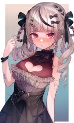 1girl bandaid bare_shoulders black_hair black_skirt blunt_bangs blush bow bracelet braid breasts cleavage cleavage_cutout clothing_cutout ear_piercing grey_hair hair_bow hand_in_own_hair heart_cutout highres hololive jewelry large_breasts multicolored_hair piercing red_eyes sakamata_chloe skirt sleeveless streaked_hair tearing_up twitter_username virtual_youtuber yagura_(yagura_aaaok)