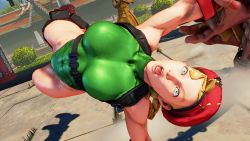 3d antenna_hair bare_shoulders blonde_hair blue_eyes braid breasts cammy_white covered_navel curvy gloves green_leotard hat highleg highleg_leotard highres large_breasts leotard lips long_hair red_gloves red_hat ryona screencap shiny_clothes solo street_fighter street_fighter_v thighs third-party_edit thong_leotard twin_braids very_long_hair wide_hips