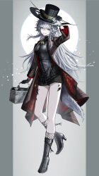 Rule 34 | 1girl, absurdres, alternate costume, animal ears, arknights, boots, coat, grey eyes, grey tail, hair ornament, hairclip, hat, high heel boots, high heels, highres, lappland (arknights), looking at viewer, material growth, oripathy lesion (arknights), pocket watch, rau ma (the rauma001), scar, scar across eye, scar on face, short shorts, shorts, signature, solo, tail, top hat, watch, wolf ears, wolf girl, wolf tail