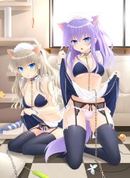 Rule 34 | 2girls, :o, alternate costume, alternate hairstyle, animal collar, animal ear fluff, animal ears, apron, back bow, bare shoulders, bikini, black bikini, black choker, black skirt, black thighhighs, blue bikini, blue eyes, blunt ends, blush, bow, breasts, butterfly ornament, cameltoe, cat ears, cat girl, cat tail, cat teaser, chain, chain leash, charlotte (anime), choker, cleavage, clothes lift, collar, collarbone, commission, company connection, couch, crossover, enmaided, eyes visible through hair, fingernails, frilled apron, frilled choker, frilled wrist cuffs, frills, frown, full body, garter belt, garter straps, gluteal fold, hair between eyes, half updo, hands up, highres, indoors, kemonomimi mode, key (company), kneeling, leaning forward, leash, lifting own clothes, long hair, maid, maid apron, maid bikini, maid headdress, medium breasts, multicolored bikini, multiple girls, no shoes, on floor, open mouth, otou (otou san), paw print, presenting, purple tail, ringed eyes, side-tie bikini bottom, sidelocks, sitting, skeb commission, skirt, skirt lift, sorakado ai, striped bikini, striped clothes, summer pockets, swimsuit, tail, thighhighs, thighs, tile floor, tiles, tomori nao, two-tone bikini, two side up, unconventional maid, underboob, v-shaped eyebrows, variant set, wariza, white apron, white bow, window, wrist cuffs
