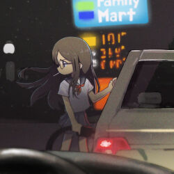 1girl brown_eyes brown_hair car cigarette commentary english_commentary floating_hair gas_station glasses highres long_hair meme motor_vehicle neckerchief night orenjipiiru original outdoors photo-referenced pleated_skirt profile red_neckerchief refueling school_uniform shirt short_sleeves skirt smoking solo white_shirt wind with_a_car_you_can_go_anywhere_you_want_(meme)