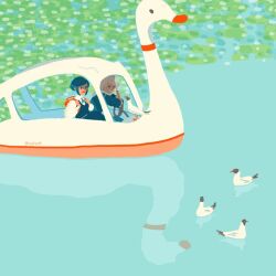 2girls backpack bag bird boat collared_shirt commentary_request cone_hair_bun double_bun duck frilled_shirt frilled_sleeves frills fukurai_azami hair_bun jasmine_(toshi_densetsu_kaitai_center) lake long_sleeves multiple_girls on_boat open_mouth outdoors reflection reflective_water shirt shizu_(mjdrad4) short_hair sitting smile swan_boat toshi_densetsu_kaitai_center water watercraft