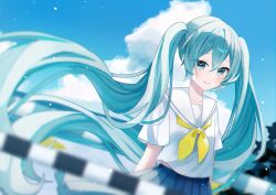 Rule 34 | 1girl, absurdres, aqua eyes, aqua hair, arms at sides, blue skirt, blurry, blush, boom barrier, collarbone, commentary, crossed bangs, depth of field, hair between eyes, hatsune miku, highres, light particles, long hair, looking at viewer, neckerchief, pleated skirt, railroad crossing, sailor collar, shirt, short sleeves, shoujo rei (vocaloid), sidelocks, skirt, sky, smile, solo, twintails, upper body, usagifuku, very long hair, vocaloid, white sailor collar, white shirt, wind, yellow neckerchief