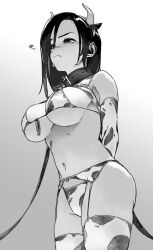 Rule 34 | 1girl, animal ears, animal print, arms behind back, bell, bikini, black eyes, breasts, cleavage, closed mouth, collar, cow ears, cow horns, cow print, cow print bikini, cow print gloves, cow print thighhighs, cow tail, cowbell, demi-chan wa kataritai, elbow gloves, fake animal ears, fake horns, fake tail, garter belt, garter straps, gloves, gradient background, greyscale, hair between eyes, hair down, highres, horns, large breasts, leash, long hair, looking at viewer, monochrome, navel, official art, petosu (sunoco), print bikini, print gloves, print thighhighs, satou sakie, solo, standing, stomach, sweat, swimsuit, tail, teardrop, thighhighs, underboob, variant set, white background
