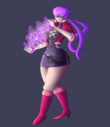 1girl absurdres boots breasts curvy dress electricity estevematheo female_focus heart highres jacket large_breasts long_hair mukop multiple_girls orochi_shermie ponytail purple_hair shermie_(kof) skirt standing the_king_of_fighters thick_thighs thighs thunder twintails wide_hips