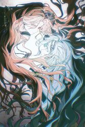 Rule 34 | 2girls, 37 (reverse:1999), absurdres, blue eyes, blue hair, eye contact, face-to-face, floating hair, from side, green eyes, hair ornament, hand up, highres, jewelry, long hair, looking at another, multiple girls, pendant, profile, red hair, reverse:1999, sophia (manus vindictae) (reverse:1999), sophia (reverse:1999), upper body, very long hair, white background, yuri, zhizhizi