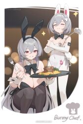 Rule 34 | 2girls, absurdres, animal ears, bilibili username, bilibili xiaolu, black leotard, black pantyhose, breasts, closed eyes, english text, fake animal ears, food, fork, grey hair, grin, hair ornament, highres, holding, holding fork, holding ladle, holding tray, ladle, large breasts, leotard, long hair, multiple girls, original, pantyhose, playboy bunny, red eyes, smile, squatting, standing, tray, very long hair, watermark, white leotard, white pantyhose