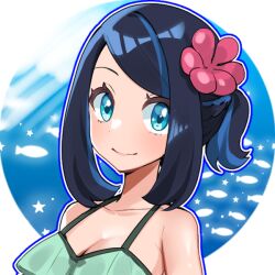 1girl bare_shoulders black_hair blue_eyes blue_hair blue_outline border closed_mouth collarbone fish flower hair_flower hair_ornament inset_border karamomo_(krmmap) light_rays liko_(pokemon) looking_at_viewer multicolored_hair nintendo outline pokemon pokemon_(anime) pokemon_horizons red_flower round_border smile solo star_(symbol) swimsuit two-tone_hair underwater