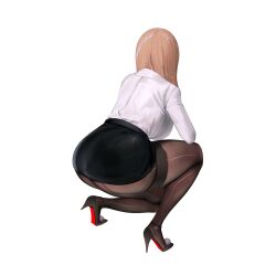 1girl absurdres ass between_breasts blonde_hair blush breasts cleavage collared_shirt dress_shirt emma_(nikke) emma_(office_therapy)_(nikke) full_body goddess_of_victory:_nikke high_heels highres huge_breasts hyulla large_breasts long_hair looking_at_viewer office_lady official_art open_mouth pantyhose pencil_skirt s shirt skirt solo squatting white_shirt