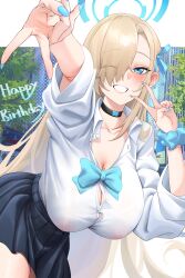 1girl absurdres aki_yama73 asuna_(blue_archive) black_choker black_skirt blue_archive blue_eyes blue_halo blue_nails blue_ribbon blush breasts buttons choker cleavage collared_shirt cowboy_shot fingernails grin gyaru_v hair_over_one_eye hair_ribbon halo highres large_breasts light_brown_hair long_hair long_sleeves nail_polish one_eye_closed pleated_skirt ribbon shirt skirt smile solo v white_shirt
